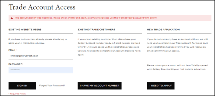 Incorrect login error message