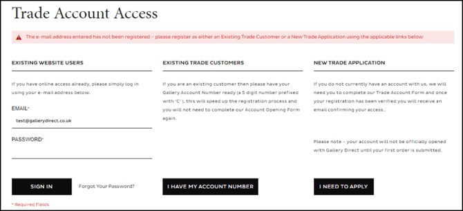 Email address not registered error message