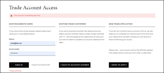 Trade account pending approval error message